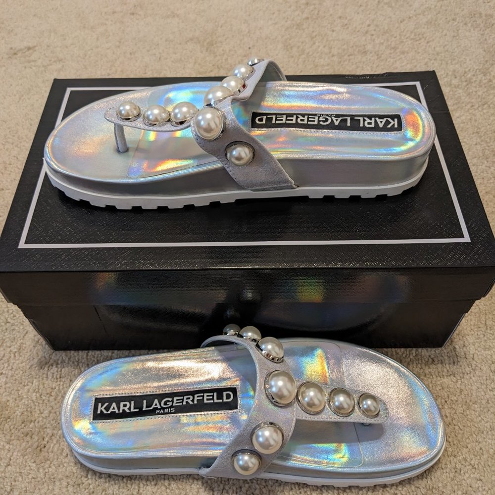 NWOB Karl Lagerfield Silver Hologram Balou Sandals Size 8